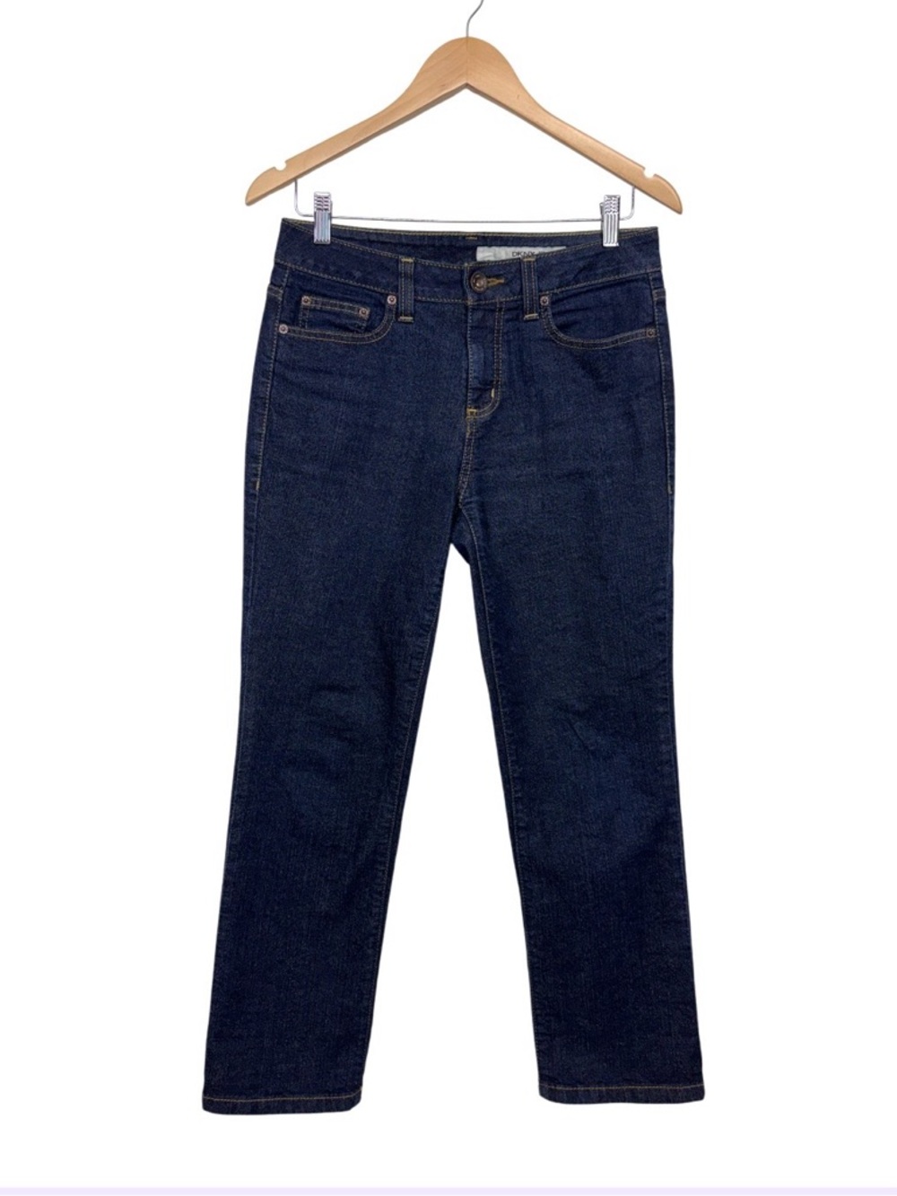 DKNY Dark Wash Straight Leg Jeans With Tan Stitching Size 6